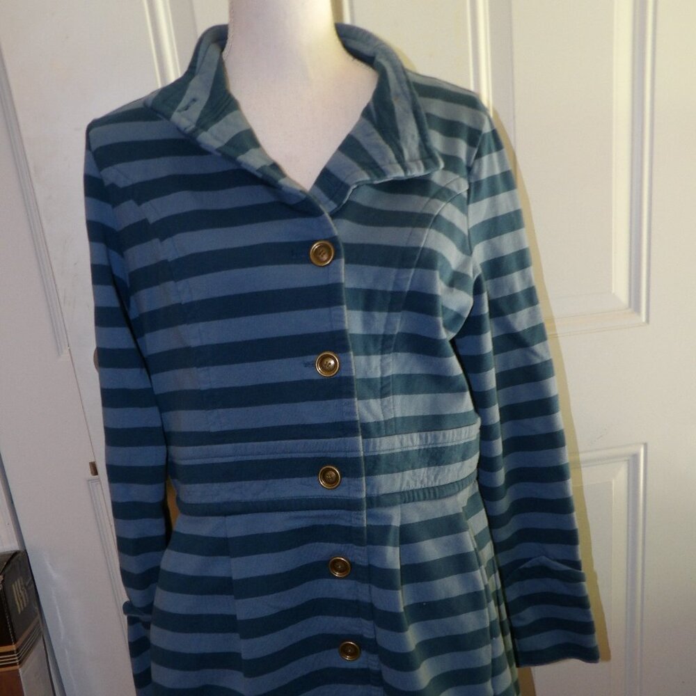 Striped Longline Button Jacket - Teal Blue